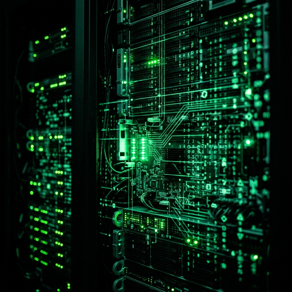 Cybersecurity terminal — server rack with green circuit overlay